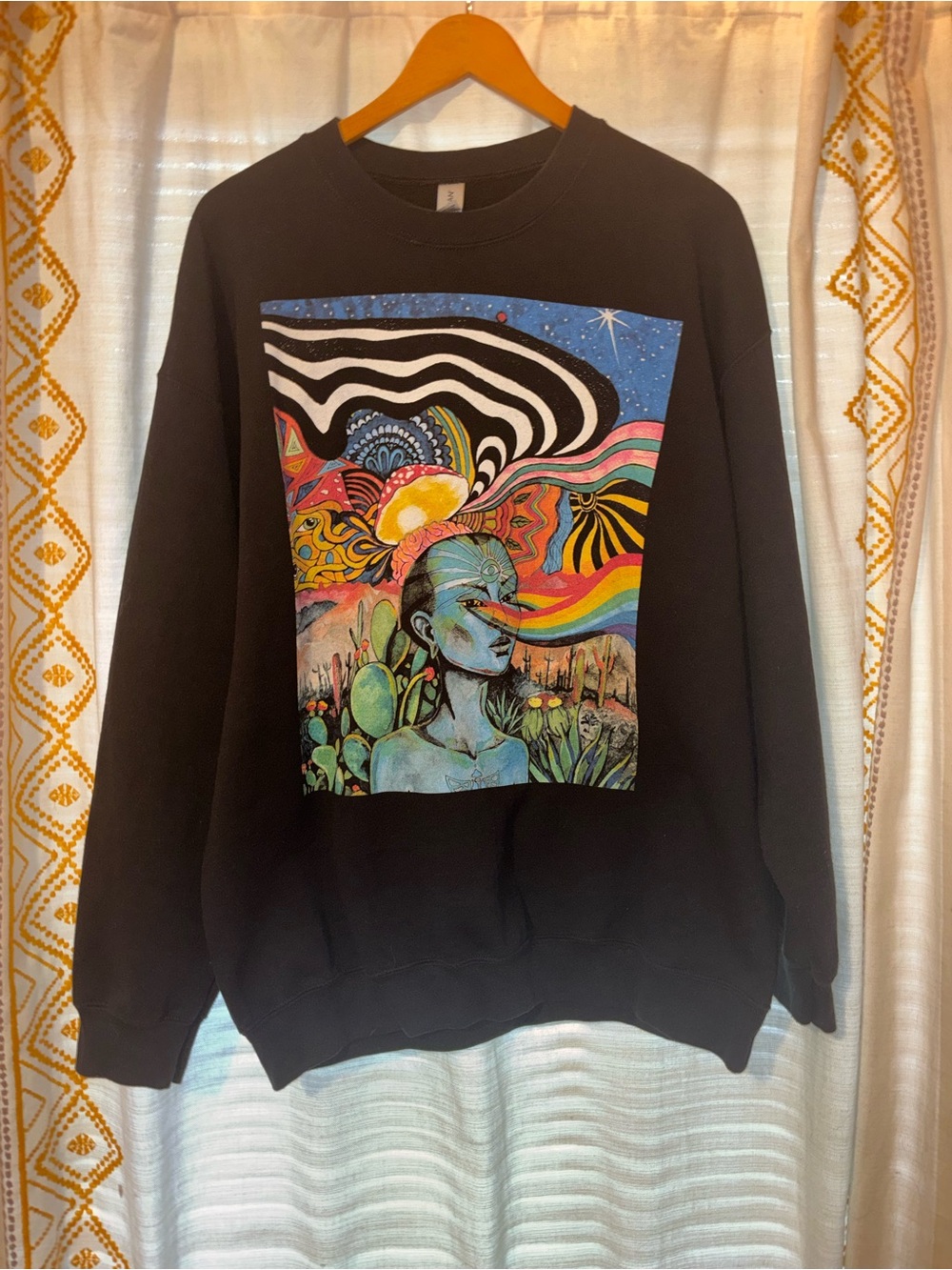 Psychedelic Art Graphic Sweatshirt XL Black Boho Trippy Celestial Gildan